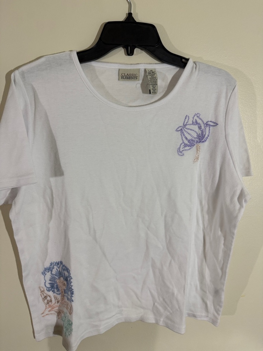 Classic Elements White Short Sleeve Tee with Purple & Tan Floral Embroidery